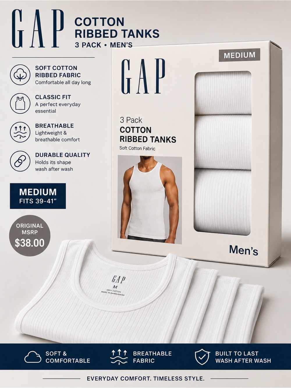 GAP Men’s White Cotton Ribbed Tank 3-Pack